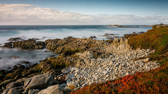 View of the ocean near Pebble Beach, Monterey, California,, USA, on the 17-mile drive route in the winter of 2018- long exposure 