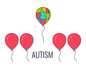World Autism Day awareness poster with a colorful balloon made of puzzle pieces flying away from the row of red balloons. Standing out of the crowd. Vector illustration.