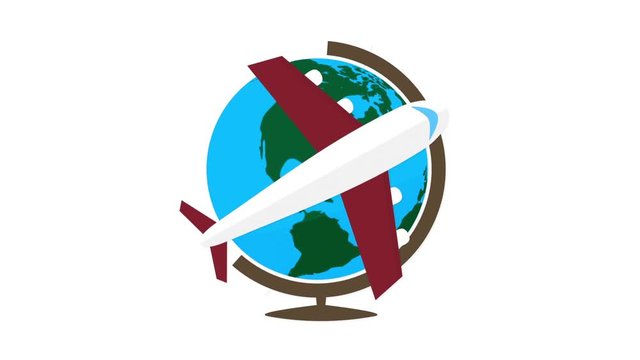 avion de ligne rouge et globe fond blanc