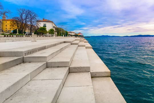 Zadar coastline Sea Organ. / Scenic view at coastal town Zadar and famous landmark on city promenade, Sea Organ, Croatia Europe.