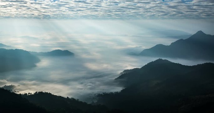 Time lapse of beautiful sun rays shining upon the natural landscape at Phu Chi Fah national Park.