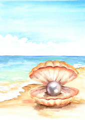 Pearl in the shell on the Summer tropical beach with golden sand. Hand drawn vertical watercolor illustration © dariaustiugova