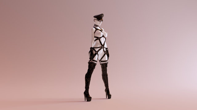 Sexy White Abstract Woman in Thigh High Boots Cap Gloves Glasses and BDSM Gear 3d illustration