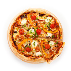 Pizza with ham and vegetables on white background 