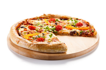 Pizza with ham and vegetables on white background 