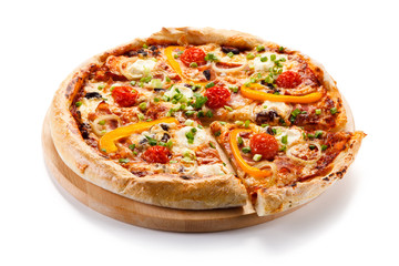 Pizza with ham and vegetables on white background 