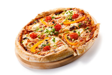 Pizza with ham and vegetables on white background 