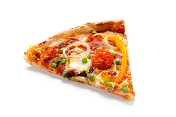 Piece of pizza with ham and vegetables on white background 