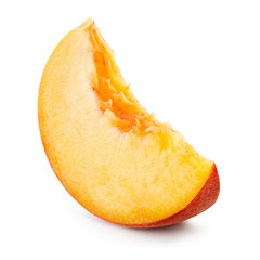 Peach. Fresh raw slice isolated on white background. Macro. With clipping path.