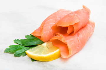 marble dish with smoked salmon slices