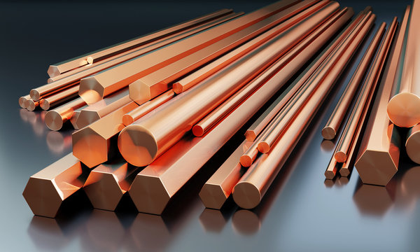 Stack of copper rodes on dark background with reflections on the ground. Different sizes - 3D illustration