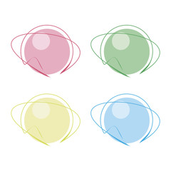 Multicolored red green yellow blue stylized round planet with emblem ring icons isolated on white background.
