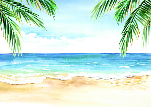 Seascape. Summer tropical beach with golden sand palm branches. Hand drawn horizontal watercolor illustration