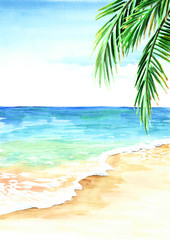Fototapeta na wymiar Summer tropical beach with golden sand, waves and palm leaves. Hand drawn watercolor illustration