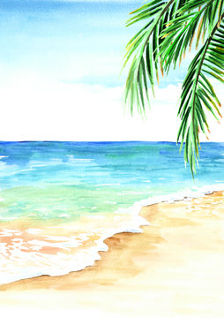 Summer tropical beach with golden sand, waves and palm leaves. Hand drawn watercolor illustration
