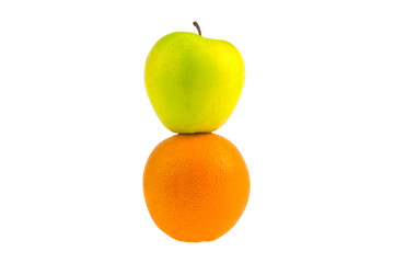 green apple and orange isolated on white background