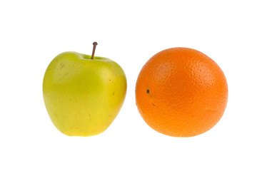 green apple, orange isolated on white background