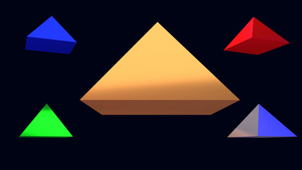 3d-Illustration von glänzenden, schwebenden Pyramiden mit quadratischer Grundfläche vor dunkelblauem Hintergrund
