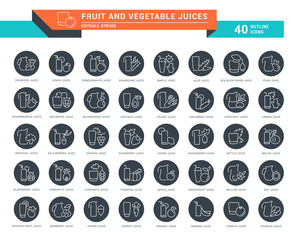Set Vector Line Icons of Fruit and Vegetable Juices.