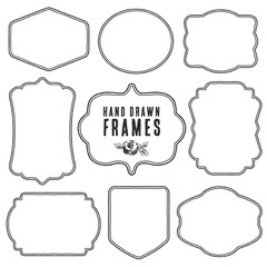 Set of vintage blank frames and labels. Hand drawn vector illustration.