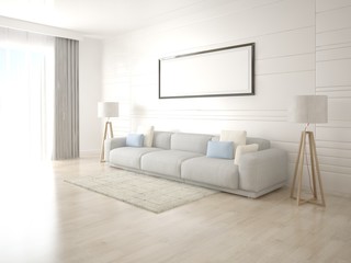 Mock up a modern living room with a large bright sofa and a trendy background.