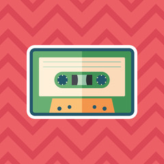 Audio cassette sticker flat icon with color background.