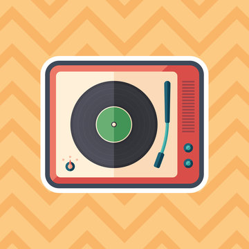 Vintage turntable sticker flat icon with color background.