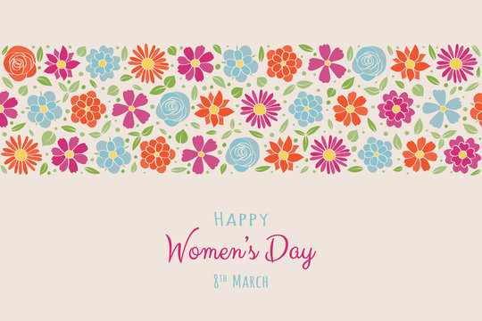 Women's Day - poster with hand drawn flowers in retro style. Vector.