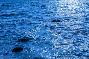 Rock in the sea.Sea waves crash on a rock in the sea.Rock on the beach.