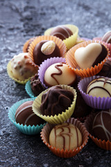 a lot of variety chocolate pralines, belgian confectionery gourmet chocolate.
