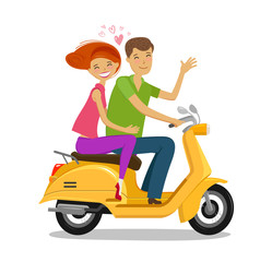 Fototapeta na wymiar Happy couple riding moped or scooter. Travel, journey concept. Cartoon vector illustration