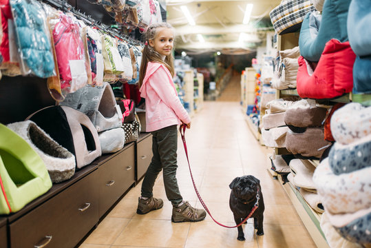 Little girl chooses house for puppy in pet shop