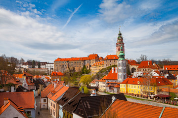 Naklejka na ściany i meble Aerial view of castle and old houses in Cesky Krumlov, Czech republic
