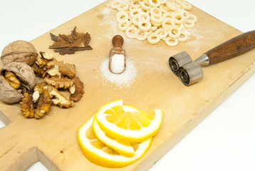 ingredients for traditional orthodox march celebration mucenici meal eight shape made of dough with...
