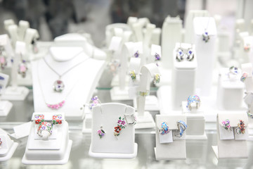 Showcase with jewelry in shop