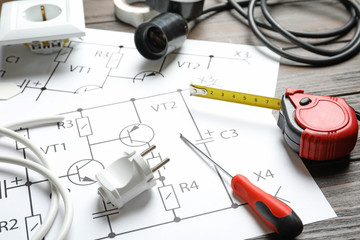 Different electrical tools on circuit diagram