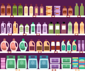 Shelves with household chemicals in the supermarket. Seamless pattern.  Vector illustration.
