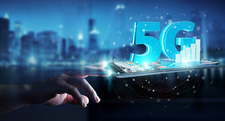 Businessman using 5G network with mobile phone 3D rendering