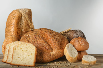 Freshly baked bread products on table