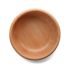 Wooden bowl on white background. Handcrafted cooking utensils