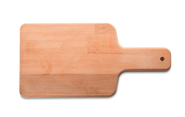 Wooden board on white background. Handcrafted cooking utensils