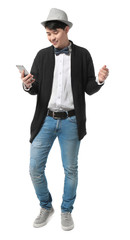 Portrait of handsome hipster with smartphone on white background