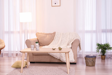 Living room interior with comfortable sofa and elegant lamp
