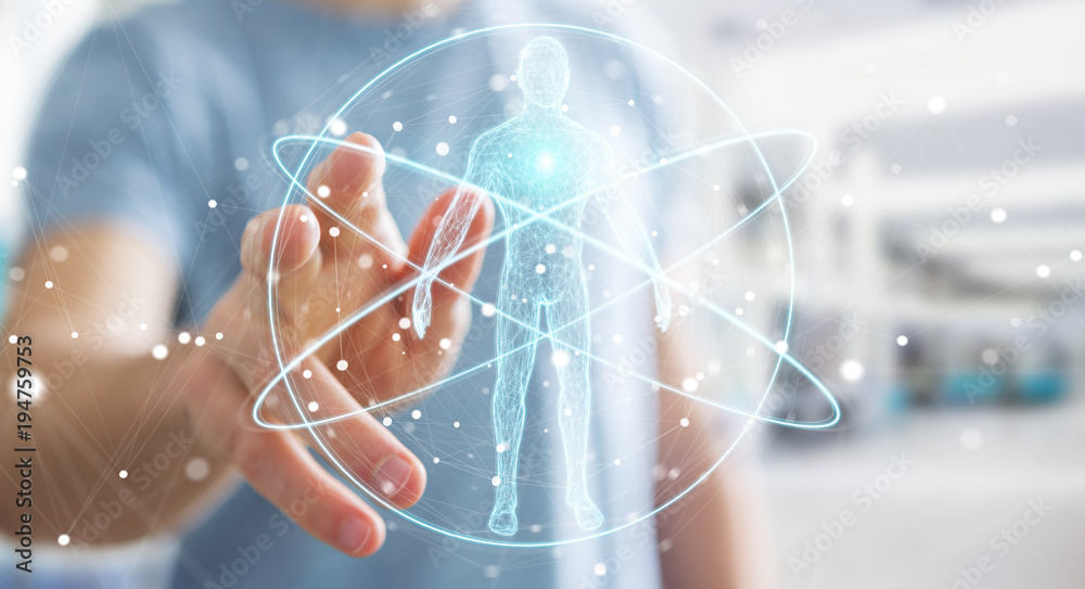 Poster Businessman using digital x-ray human body scan interface 3D rendering