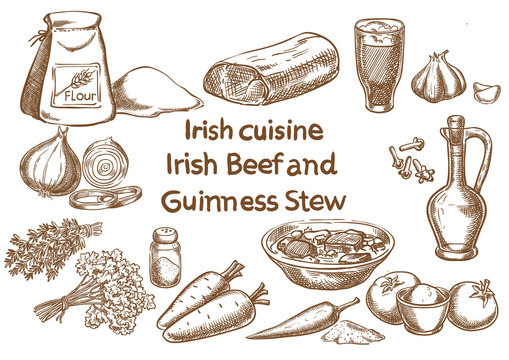 Irish cuisine. Irish Beef and Guinness stew ingredients. Sketch drawing.