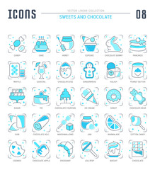 Set Blue Line Icons of Sweets and Chocolate.