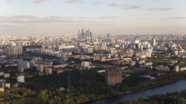 Aerial view Sunrise and Moscow district Strogino 4k
