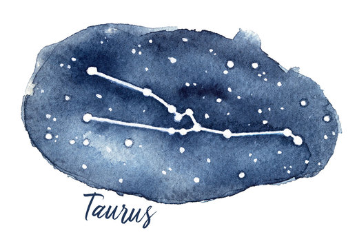 Taurus Zodiac Sign in the shape of Star Constellation in the Night Sky. Hand painted water color drawing on white background, cut out, with text title. Second astrological sign in the present zodiac.