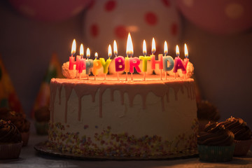 happy birthday lit candles on a birthday cake 