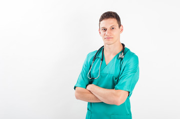 Portrait of young smiley nurse male with stethoscope